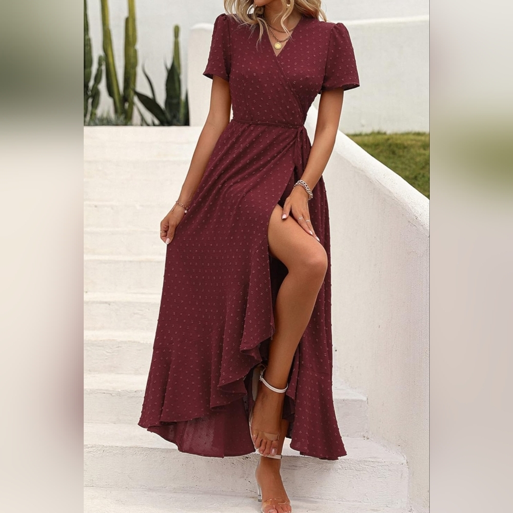 Swiss Dot Burgundy Wrap Dress - Picture 4 of 11